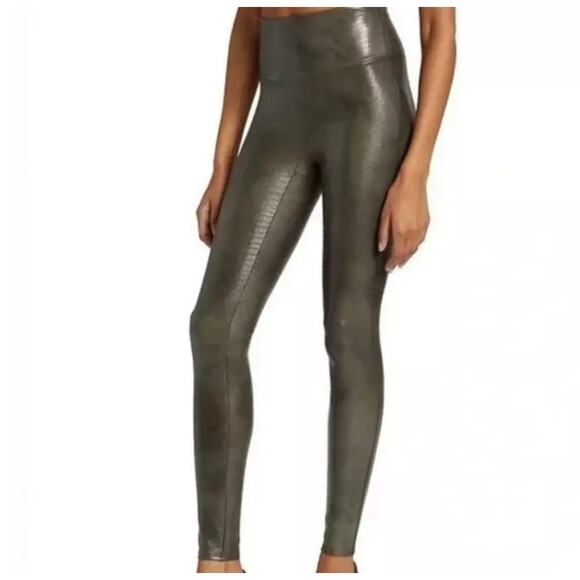 Spanx Women's Faux Leather Croc Shine Leggings Stretch Darkened Olive Size Large - Picture 2 of 16